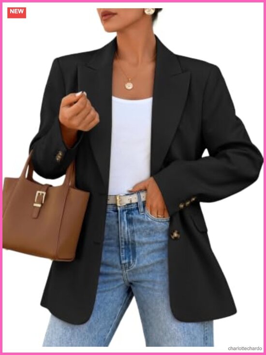 Jackets & Blazers - Women's Oversized Suit Blazer Notched Lapel Flap Pockets Long Sleeve Open Front